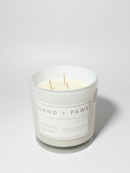 Sand + Paws Pineapple Coconut 21 oz scented candle White vessel with Multi-Breed carved wood lid
